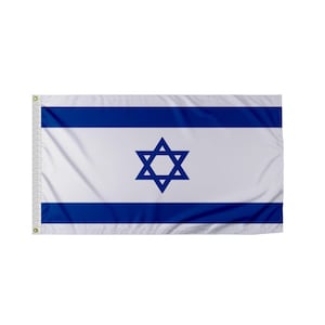 May include: A blue and white Israeli flag with a six-pointed star in the center.