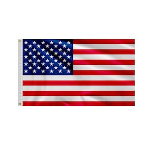 May include: A red, white, and blue American flag with 50 stars on a blue field. The flag is waving in the wind.