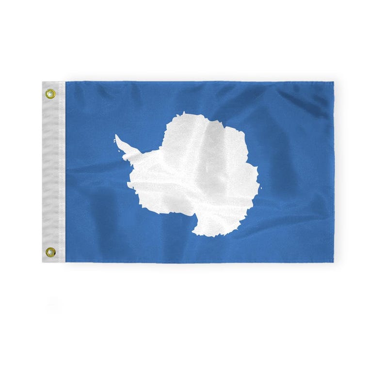 May include: A blue flag with a white outline of the continent of Antarctica in the center.
