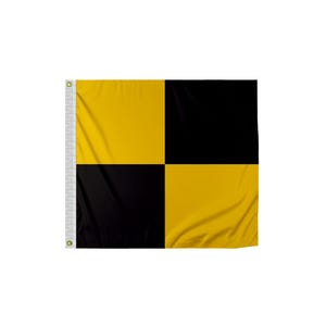 May include: A checkered flag with alternating black and yellow squares. The flag is made of fabric and has a white fringe on the left side.
