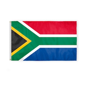 May include: A rectangular flag of South Africa, featuring a design with red, white, green, blue, black, and yellow colors. The flag has a horizontal layout with a central green stripe and a white border.