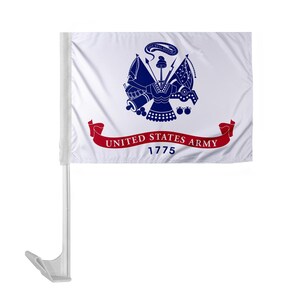 May include: A white car flag featuring the United States Army emblem in blue and red. The flag includes the words "UNITED STATES ARMY" and the year "1775" on a red banner. The flag is attached to a white plastic pole and mounting bracket.