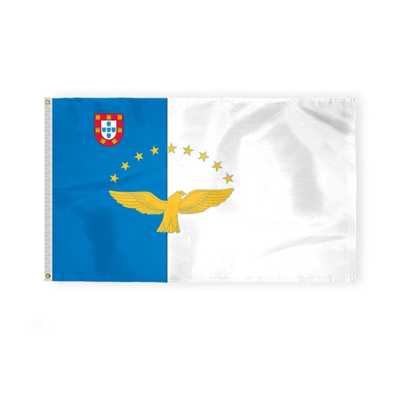 Puede incluir: Una bandera azul y blanca con el escudo de armas de Portugal en la esquina superior izquierda y un p&aacute;jaro amarillo con las alas extendidas en el centro. El p&aacute;jaro est&aacute; rodeado por un c&iacute;rculo de estrellas amarillas.