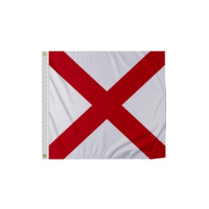 May include: A white flag with a large red X-shaped cross in the center. The flag has a white border on the left side with grommets for hanging. The flag is made of a lightweight material and is likely for outdoor use.