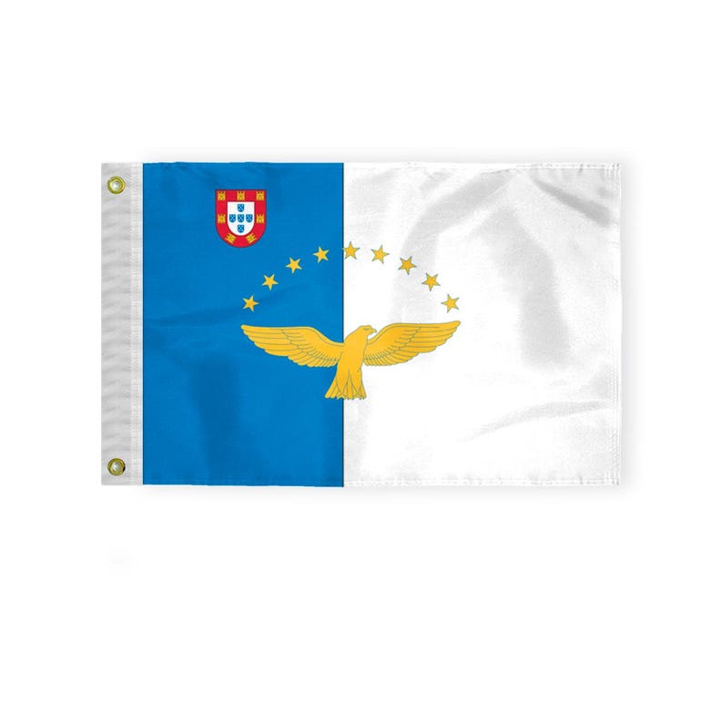 Puede incluir: Una bandera azul y blanca con el escudo de armas de Portugal en la esquina superior izquierda y un p&aacute;jaro amarillo con las alas extendidas en el centro. La bandera tiene un fondo blanco con un tri&aacute;ngulo azul en la esquina superior izquierda. El p&aacute;jaro est&aacute; rodeado por un c&iacute;rculo de estrellas amarillas.