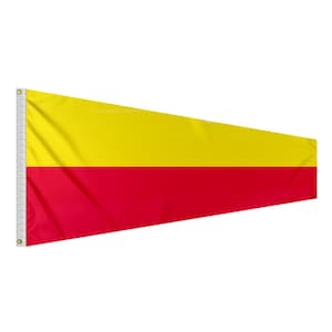May include: A yellow and red nautical signal flag. The flag is a rectangular shape with a yellow top half and a red bottom half.