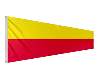 May include: A yellow and red nautical signal flag. The flag is rectangular in shape with a yellow top half and a red bottom half.