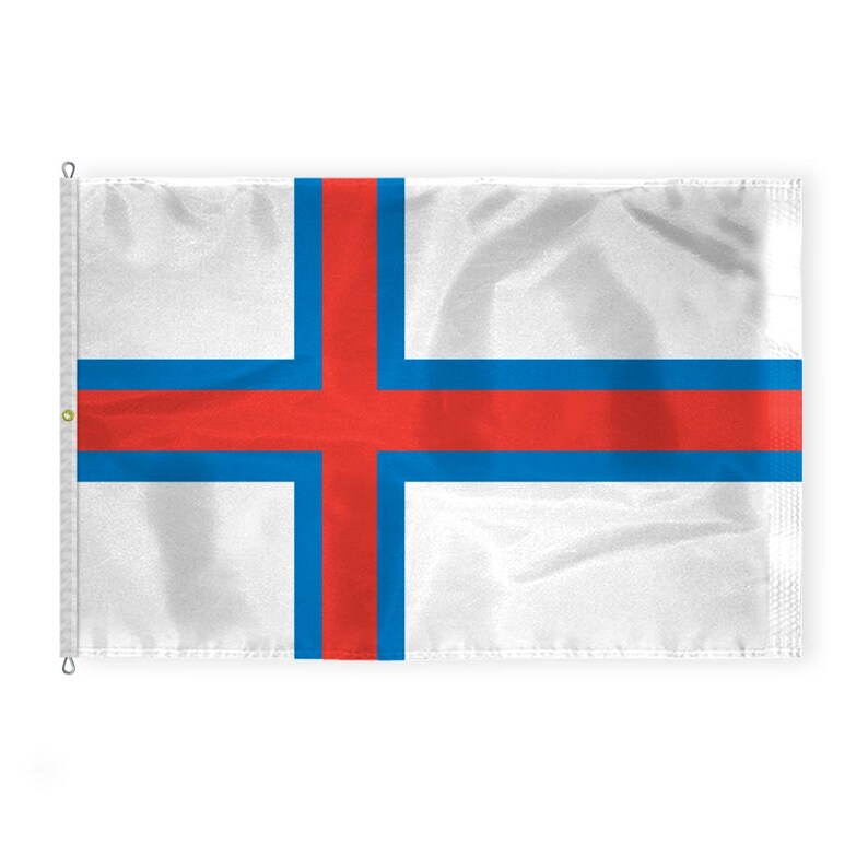 May include: A white flag with a red cross and blue stripes. The flag of the Faroe Islands.