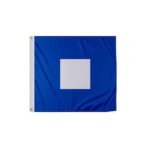 May include: A blue nautical signal flag with a white square in the center. This flag is part of a set of international maritime signal flags.
