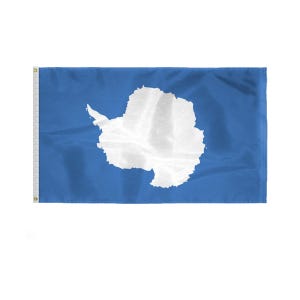 May include: A blue flag with a white outline of the continent of Antarctica.