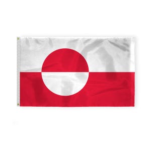 May include: The flag of Greenland features a large white circle on a red background, with a white horizontal stripe across the center of the circle.