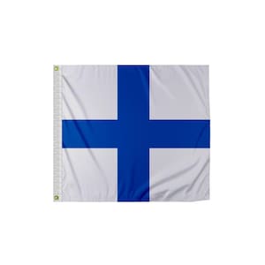 May include: A white flag with a blue cross in the center. The cross is centered on the flag and extends to the edges of the flag.
