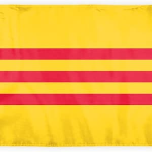 May include: A rectangular flag with a yellow background and four horizontal red stripes. The flag has a white vertical stripe on the left side with grommets for hanging. The flag is made of a lightweight material.