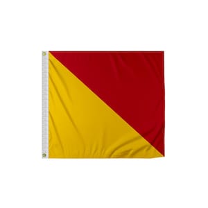 May include: A red and yellow nautical signal flag. The flag is divided diagonally, with the top half red and the bottom half yellow.