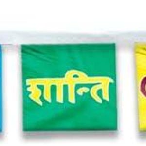 May include: A string of colorful flags with peace symbols and the word "peace" written in different languages, including English, Arabic, Hebrew, and Sanskrit. The flags are white with a variety of colors, including purple, blue, green, yellow, red, and pink.