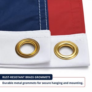 May include: Close-up of a flag with blue, white, and red sections. The flag has rust-resistant brass grommets for secure hanging. The white border features two gold-coloured grommets. Text reads "Rust-Resistant Brass Grommets" and "Durable metal grommets for secure hanging and mounting."