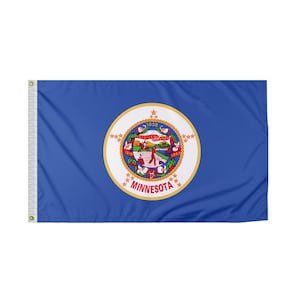 May include: A blue flag with the state seal of Minnesota. The seal is a circle with a white background and a gold border. Inside the circle is a depiction of a farmer plowing a field, with a gristmill in the background. The seal also includes the words "L'ETOILE DU NORD" and "MINNESOTA".