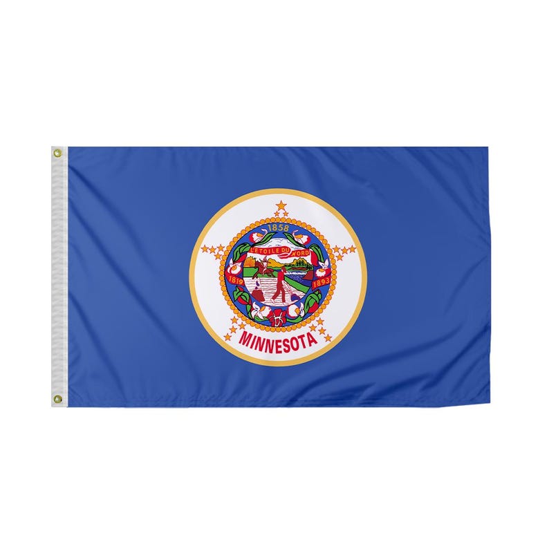 May include: A blue flag with the state seal of Minnesota. The seal is a circle with a white background and a gold border. Inside the circle is a depiction of a farmer plowing a field, with a gristmill in the background. The seal also includes the words "L'ETOILE DU NORD" and "MINNESOTA".