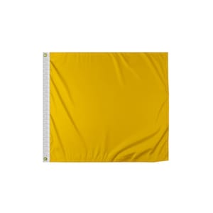 May include: A solid yellow flag made of fabric. The flag is hanging from a white pole with a gold grommet at the top.