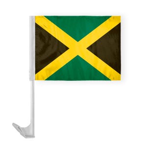 Puede incluir: Peque&ntilde;a bandera para coche con la bandera de Jamaica. Presenta un fondo verde, una cruz diagonal amarilla y tri&aacute;ngulos negros. Se fija a un soporte de pl&aacute;stico blanco para una f&aacute;cil instalaci&oacute;n.