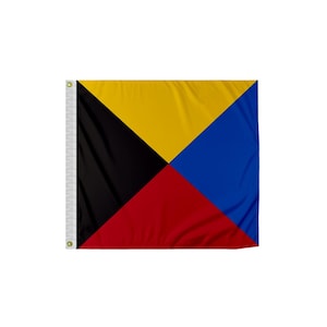 May include: A square flag with four sections in yellow, black, red, and blue. The colors are arranged in a diagonal pattern, creating a diamond shape in each color.