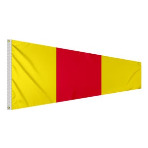 May include: A yellow and red nautical signal flag. The flag is rectangular and has a yellow stripe on either side of a red stripe in the center.