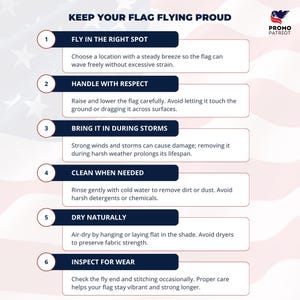 May include: An information graphic with the text "KEEP YOUR FLAG FLYING PROUD" and advice on flag maintenance. The tips include choosing the right location, handling with care, bringing it in during storms, cleaning when needed, drying naturally, and inspecting for wear.
