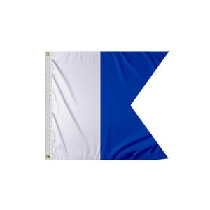 May include: A white and blue nautical signal flag with a white hoist and a blue fly. The flag is a triangular shape with a point at the top and a straight bottom edge. The blue portion of the flag is a darker shade of blue than the white portion.