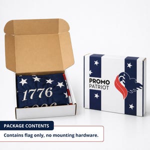 May include: A blue flag with white embroidered stars and the year "1776" is displayed inside an open cardboard box. A second box with the "PROMO PATRIOT" logo and a patriotic design is also present.