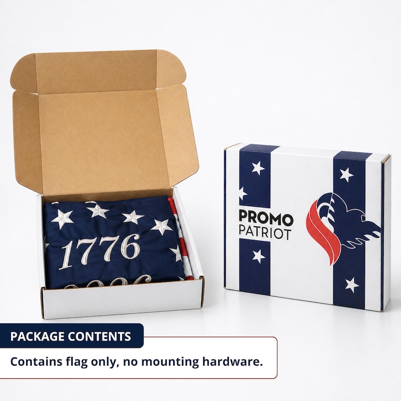May include: A blue flag with white embroidered stars and the year "1776" is displayed inside an open cardboard box. A second box with the "PROMO PATRIOT" logo and a patriotic design is also present.
