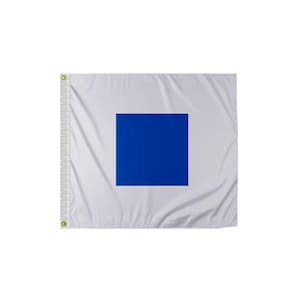 May include: A white nautical signal flag with a blue square in the center. This is the International Maritime Signal Flag "B" for the letter "Bravo".