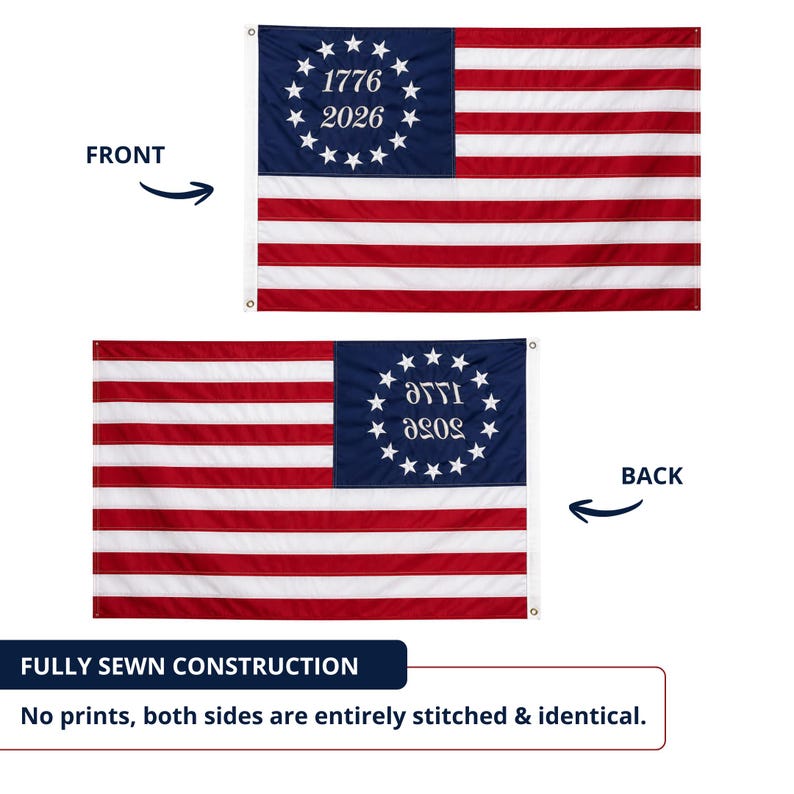 May include: A fully sewn American flag with red and white stripes and a blue canton. The canton features white stars and the numbers "1776" and "2026". The back of the flag is identical to the front.