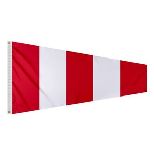 May include: A red and white windsock, also known as a wind cone, is a weather instrument used to indicate wind direction. The windsock is made of fabric and is typically used at airports and other locations where wind direction is important.