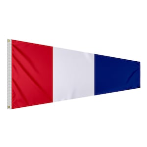 May include: A French flag with the colors red, white, and blue. The flag is made of fabric and is flying in the wind.