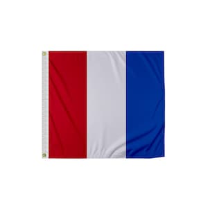 May include: A French flag with three vertical stripes: red, white, and blue.