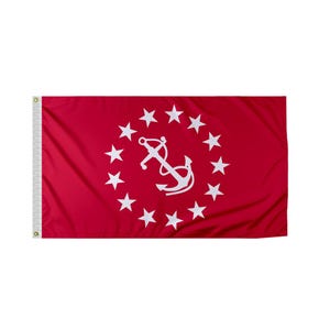 May include: A red flag featuring a white anchor encircled by twelve white stars. The flag has a white reinforced edge with grommets for hanging. The flag is rectangular and made of a lightweight material.
