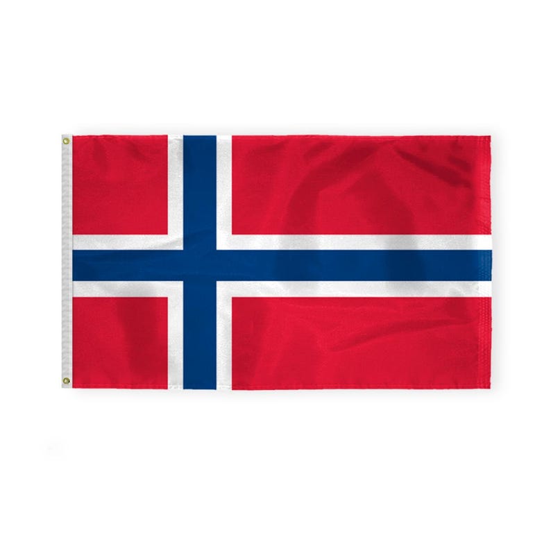 May include: A red, white, and blue flag with a large blue cross on a white background. The flag is the national flag of Norway.