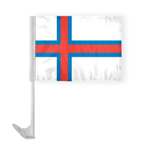 May include: A white car flag with a red cross and blue stripes. The flag is attached to a silver pole.
