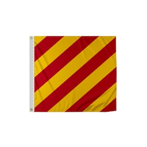 May include: A red and yellow nautical signal flag with diagonal stripes. The flag is made of a soft, woven fabric.