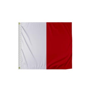 May include: A white and red flag. The flag is divided vertically, with the left side being white and the right side being red.
