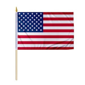 May include: A small American flag on a wooden stick. The flag is red, white, and blue with 13 horizontal stripes and 50 white stars on a blue field.