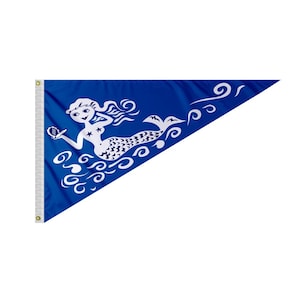 May include: A blue triangular flag with a white mermaid design. The mermaid is holding a seashell and has a star on her chest. The flag has a white border and is surrounded by white waves.