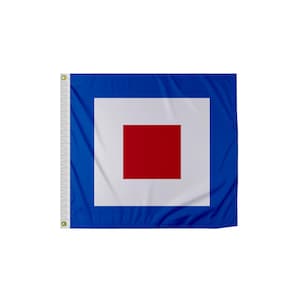 May include: A blue nautical signal flag with a white square in the center and a red square inside the white square.