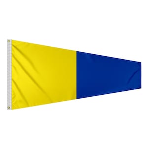 May include: A yellow and blue flag with a vertical split. The left side is yellow and the right side is blue.