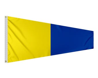 May include: A yellow and blue flag with a vertical split. The left side is yellow and the right side is blue.