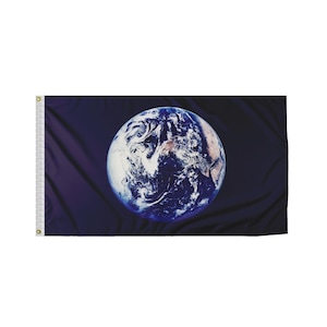 May include: A blue and white image of Earth against a dark blue background. The image is a flag.