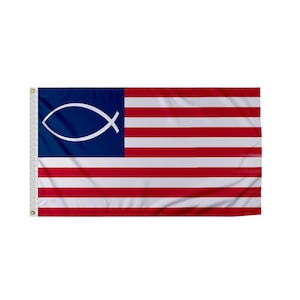 May include: A red, white, and blue flag with a white ichthys symbol on a blue background in the top left corner. The flag has 13 red and white stripes.