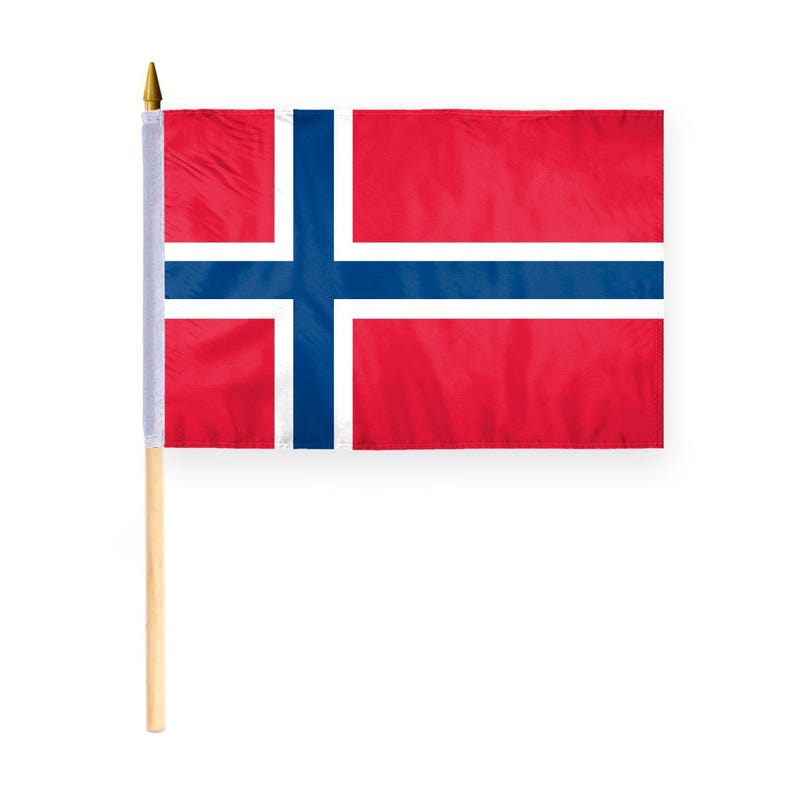 May include: A small, red, white, and blue flag of Norway on a wooden stick. The flag is made of fabric and has a white cross with a blue outline on a red background.