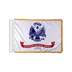 May include: White United States Army flag with a blue emblem and red banner that reads "United States Army 1775." The flag has gold fringe along the edges and a white sleeve on the left side.