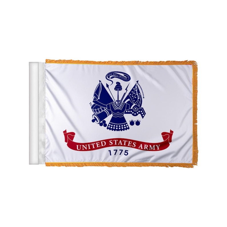 May include: White United States Army flag with a blue emblem and red banner that reads "United States Army 1775." The flag has gold fringe along the edges and a white sleeve on the left side.